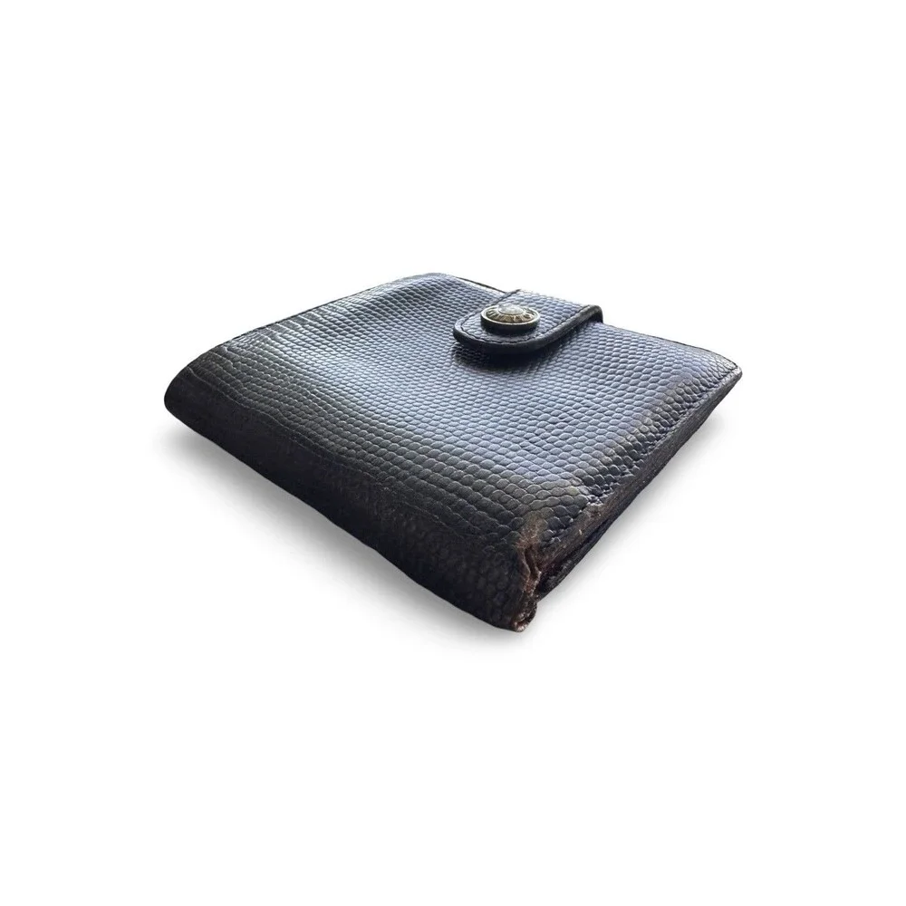 🧡Vintage SAZABY Black Lizard Snake Print Leather Bifold Wallet Gold Logo RARE